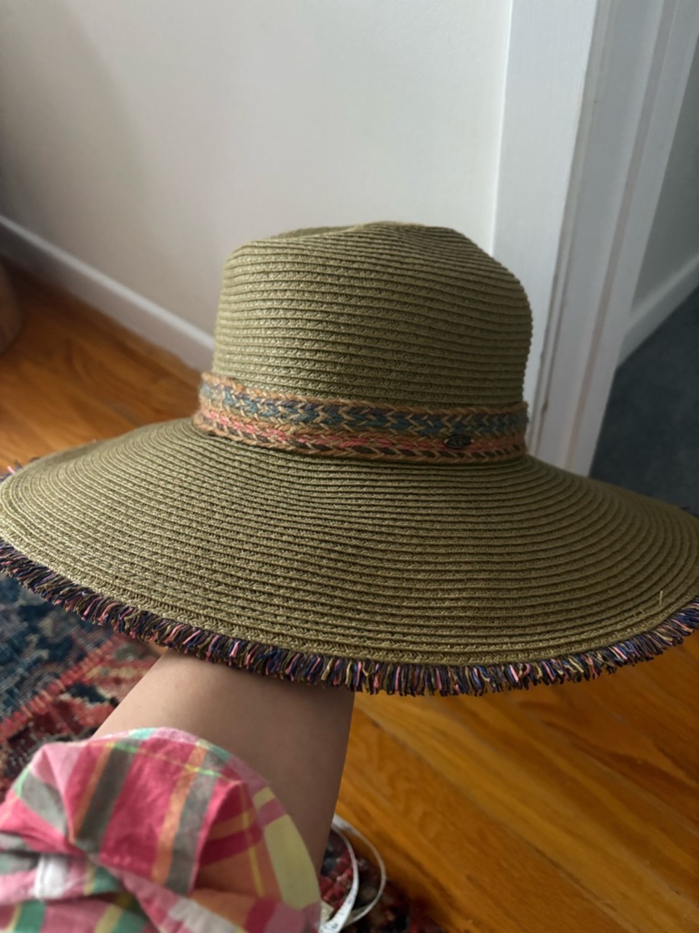 C.C Olive Wide-Brim Sun Hat with Multicolor Braid